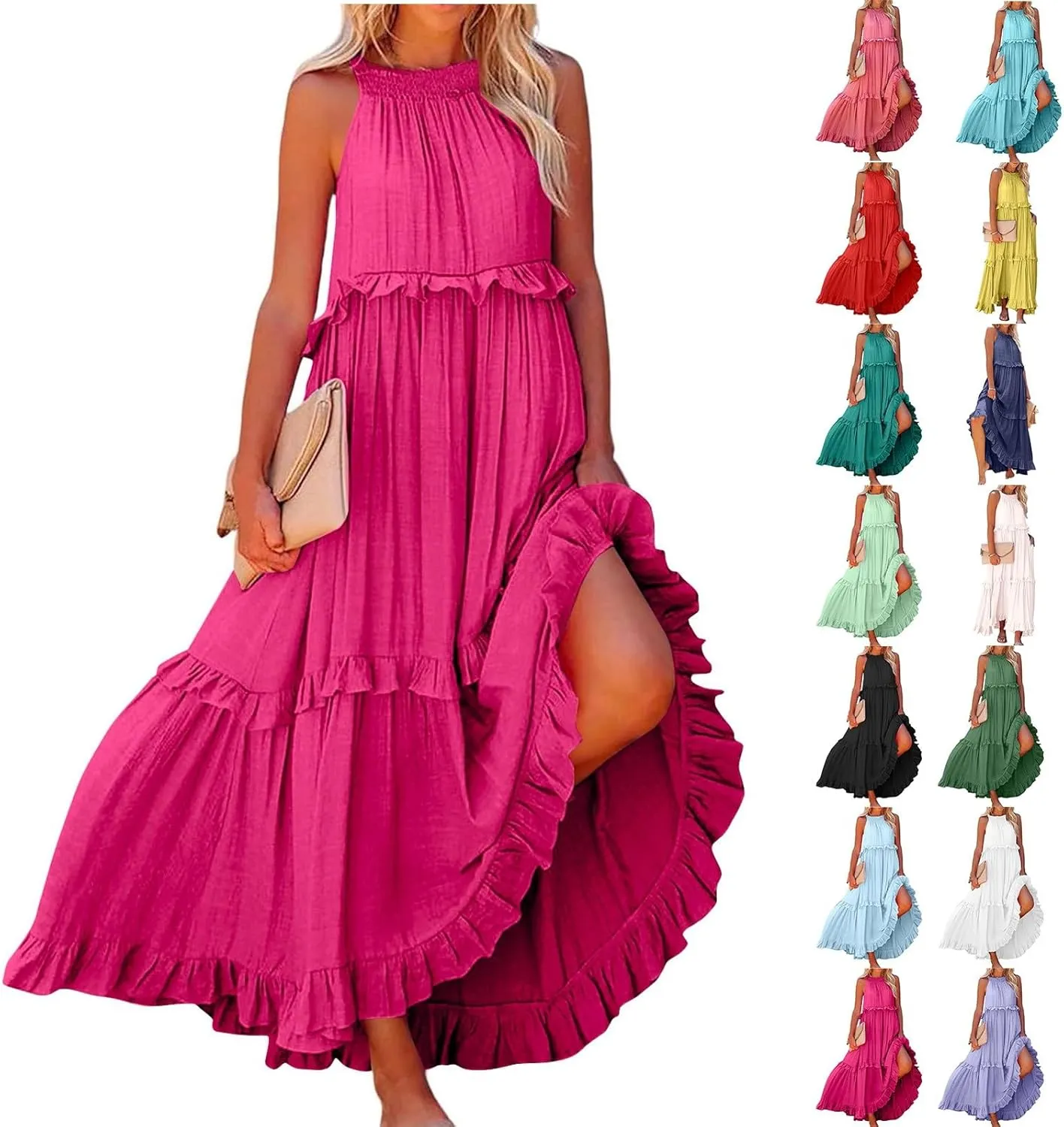 Womens Halter Neck Maxi Dress Sleeveless Sexy Tiered Flowy Long Dress Summer Loose Smocked Ruffle Swing Beach Dresses