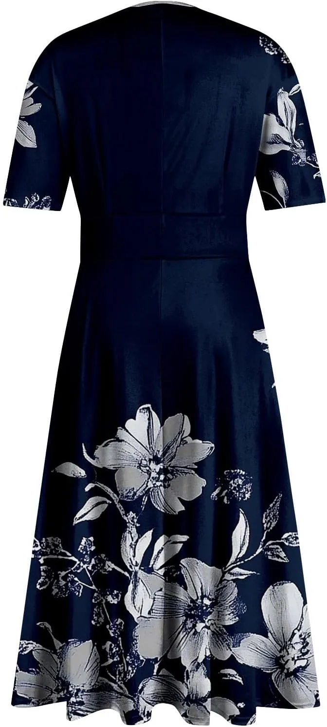 Womens High Waist Dresses 2025 Summer Short Sleeve V-Neck Floral Print Midi Dress Cocktail Party Dresses