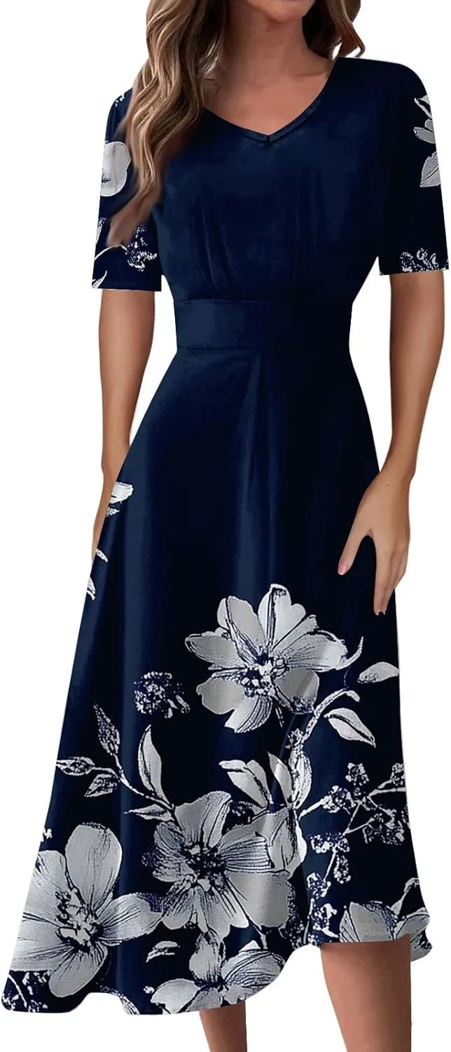 Womens High Waist Dresses 2025 Summer Short Sleeve V-Neck Floral Print Midi Dress Cocktail Party Dresses
