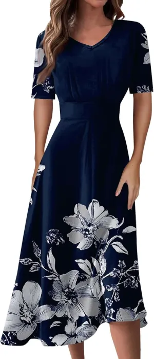 Womens High Waist Dresses 2025 Summer Short Sleeve V-Neck Floral Print Midi Dress Cocktail Party Dresses