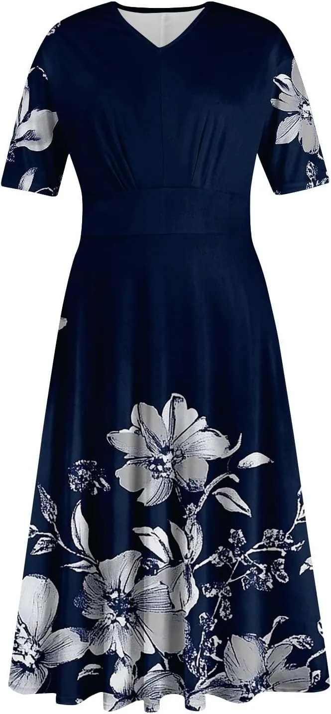 Womens High Waist Dresses 2025 Summer Short Sleeve V-Neck Floral Print Midi Dress Cocktail Party Dresses