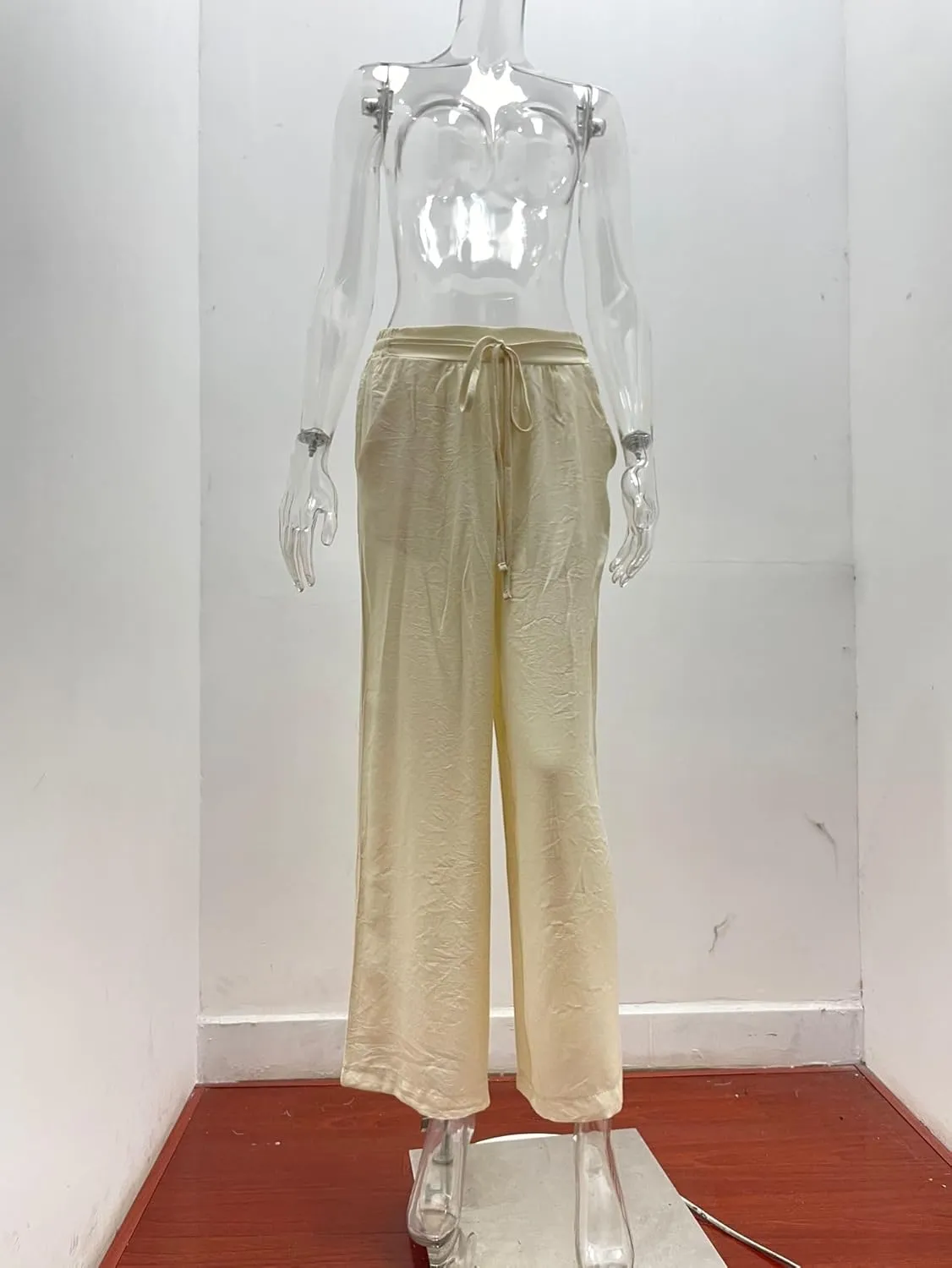 Women's High Waisted Casual Pants Solid Color Elastic Waist Lace Up Wide-Leg Pant Business Leisure Work Trousers