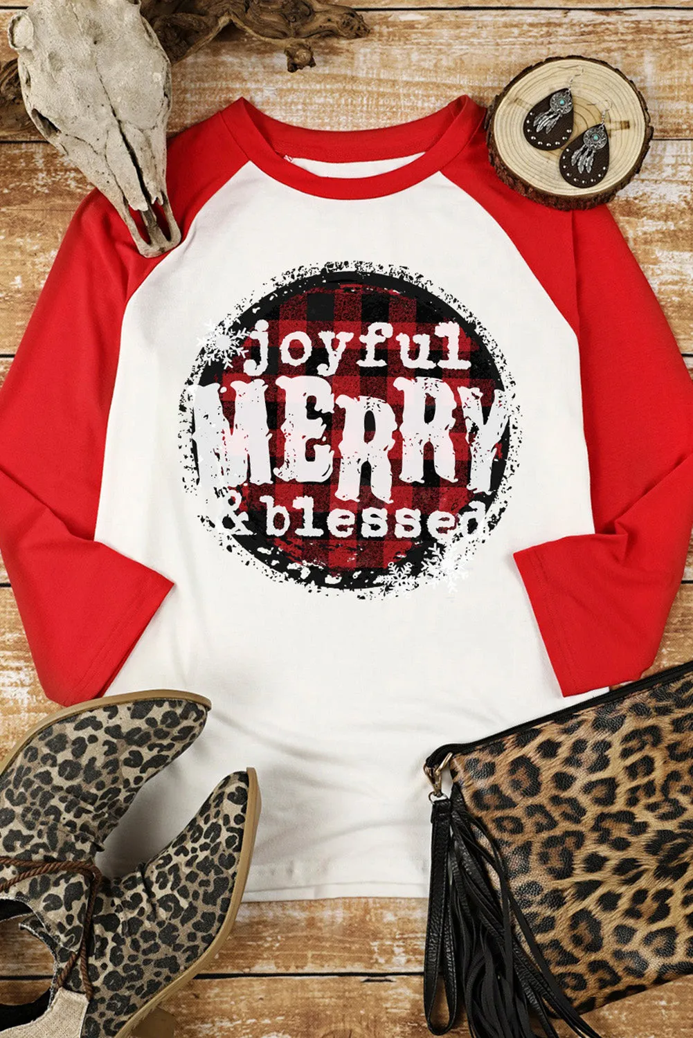 Women's Joyful Merry & Blessed Christmas Raglan Sleeves Plaid Pullover Top