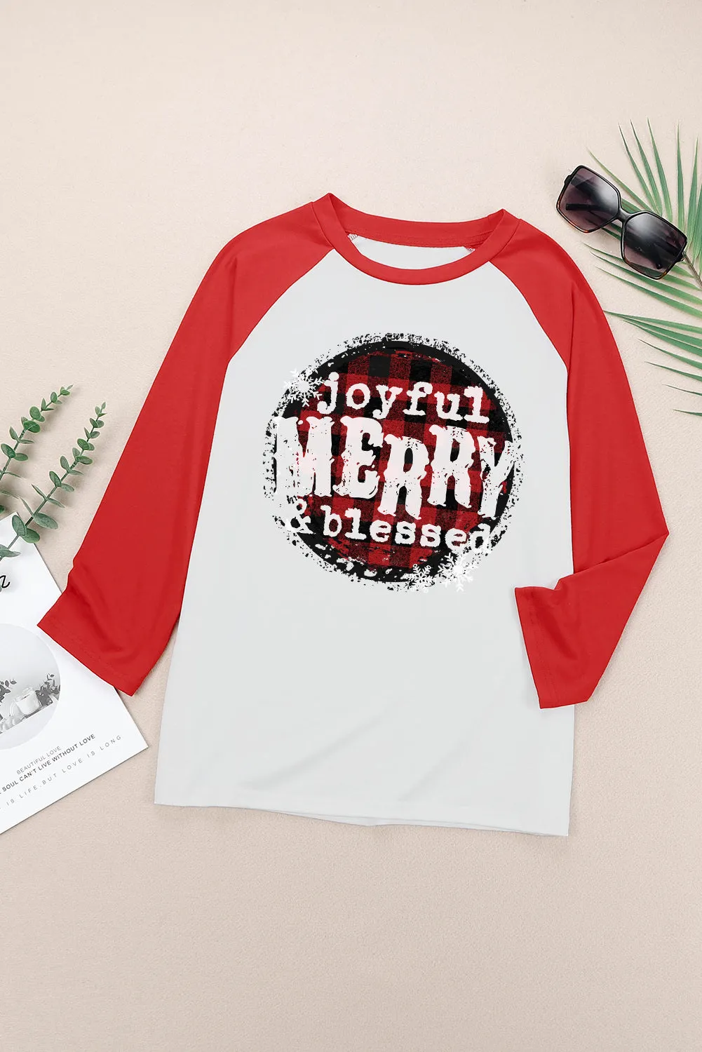 Women's Joyful Merry & Blessed Christmas Raglan Sleeves Plaid Pullover Top