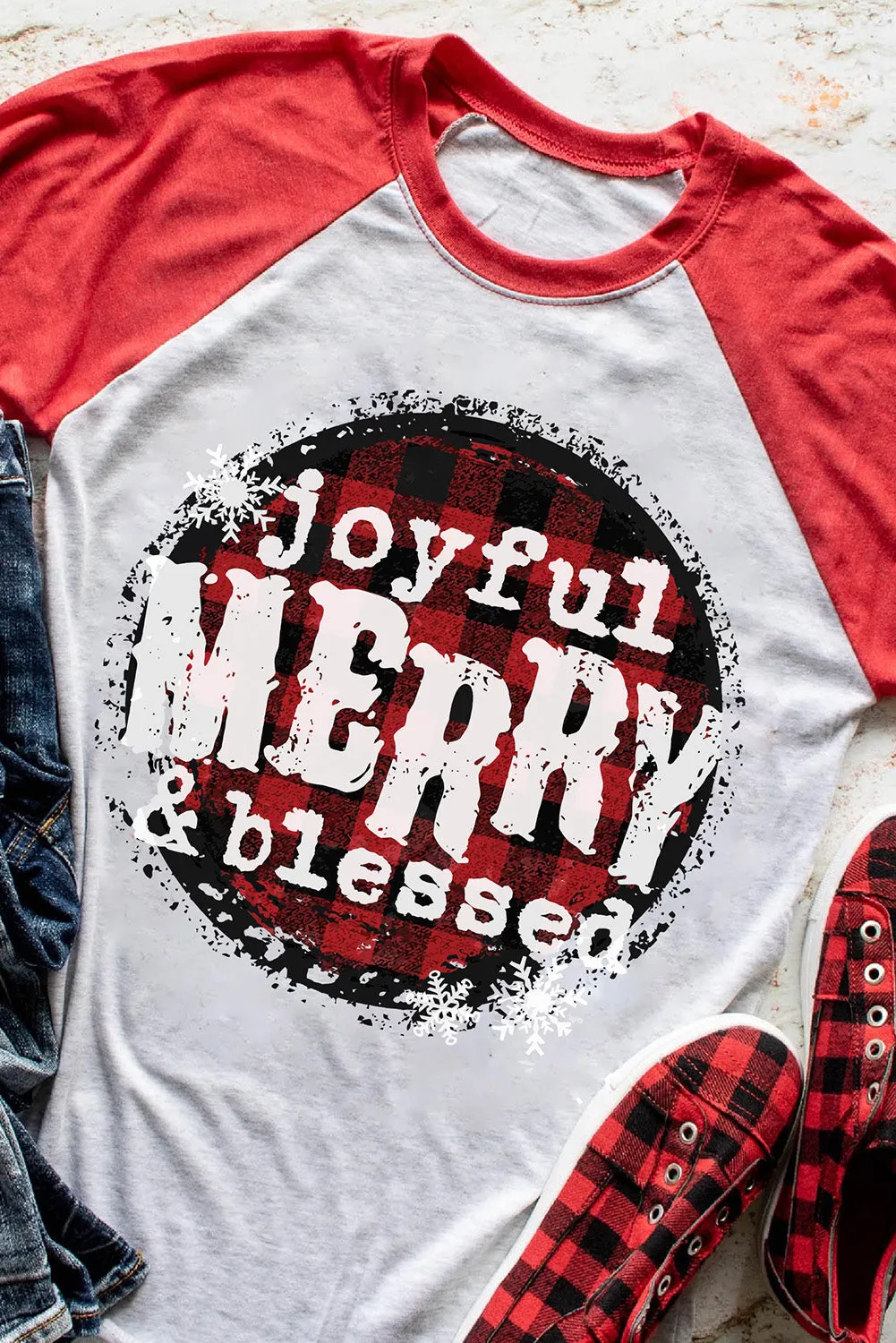 Women's Joyful Merry & Blessed Christmas Raglan Sleeves Plaid Pullover Top
