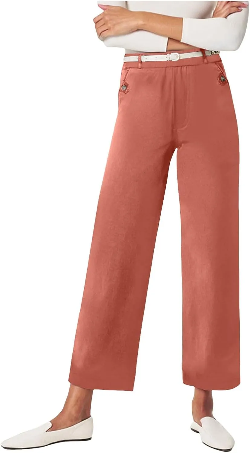 Women's Linen Blend Summer Pull On Palazzo Lounge Pants High Waist Wide Leg Slim-Fit Pant Trousers Work Business