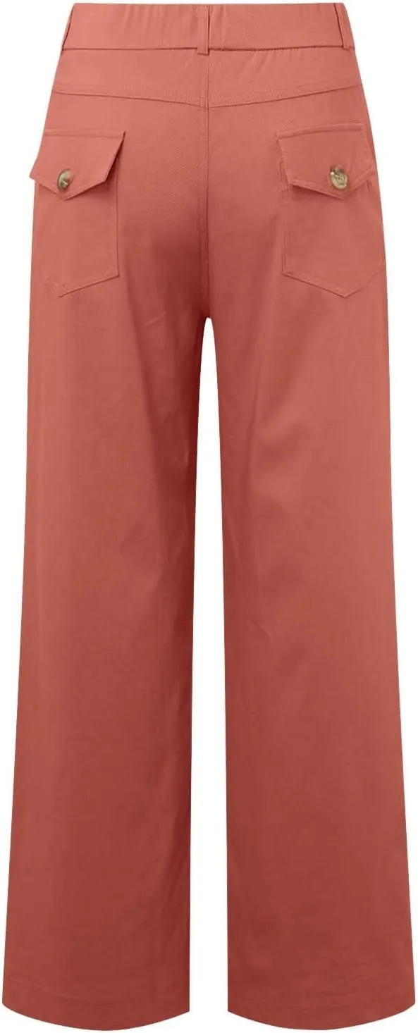 Women's Linen Blend Summer Pull On Palazzo Lounge Pants High Waist Wide Leg Slim-Fit Pant Trousers Work Business
