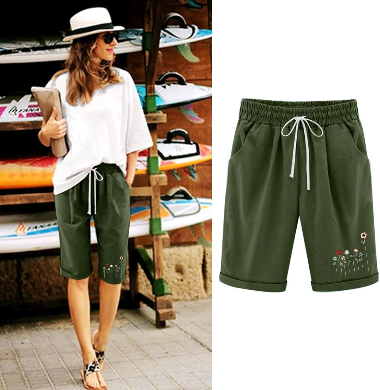 Womens Linen Capris Summer Loose Fit Casual Capri Pants Dressy Lightweight Ladies Baggy Cargo Pants for Hiking