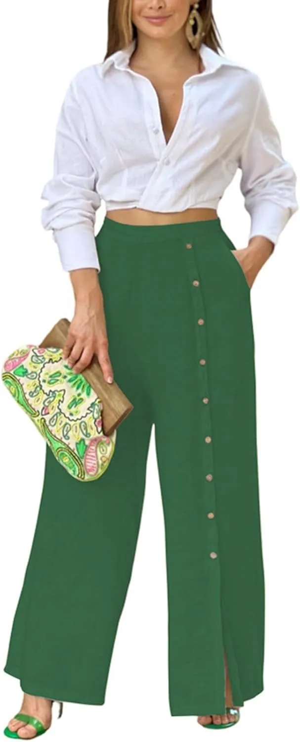 Womens Linen Palazzo Pants 2024 Summer Wide Leg Button Up Trousers Casual Loose Fit Trendy Lounge Pants with Pockets