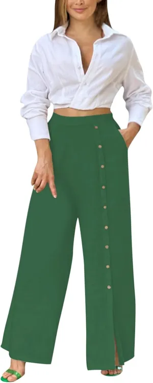 Womens Linen Palazzo Pants 2024 Summer Wide Leg Button Up Trousers Casual Loose Fit Trendy Lounge Pants with Pockets