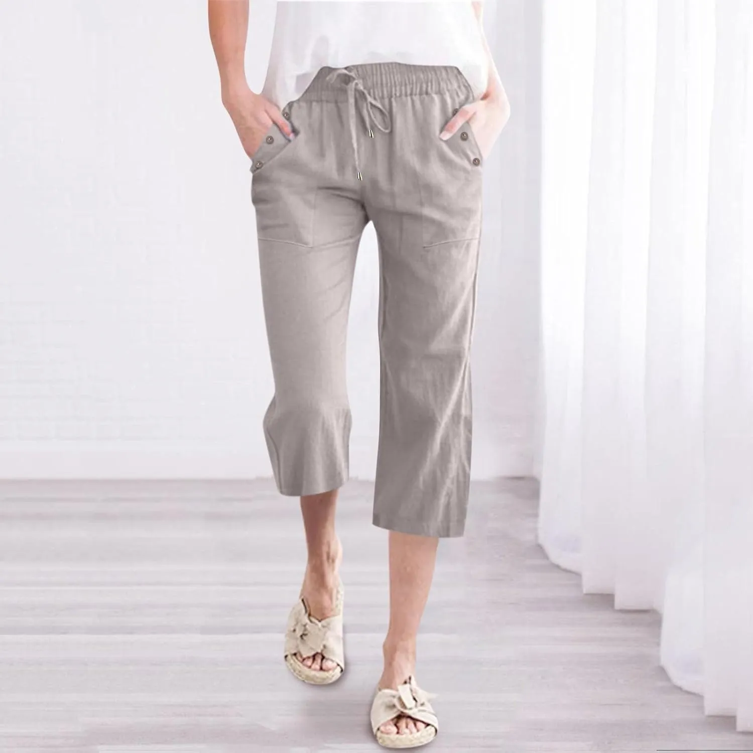 Women's Linen Palazzo Pants Pant Cotton Blend Drawstring Elastic Waist Pocket Long Wide Leg Wide Leg Loose