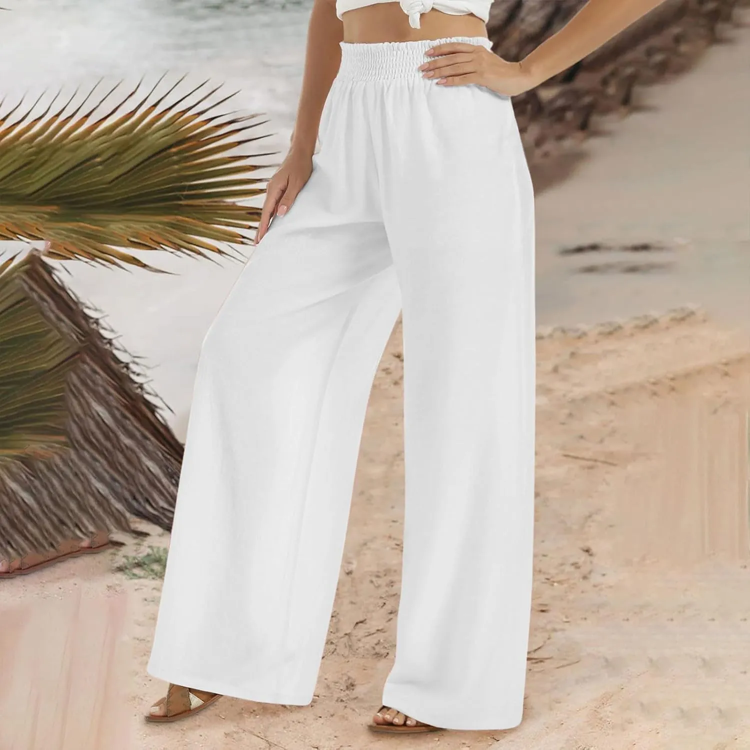 Womens Linen Palazzo Pants with Pockets Wide Leg Summer Bottoms Boho Pants Loose Fit Casual Trousers Lounge