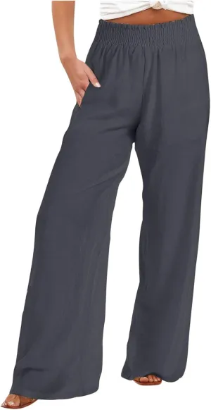 Womens Linen Palazzo Pants with Pockets Wide Leg Summer Bottoms Boho Pants Loose Fit Casual Trousers Lounge