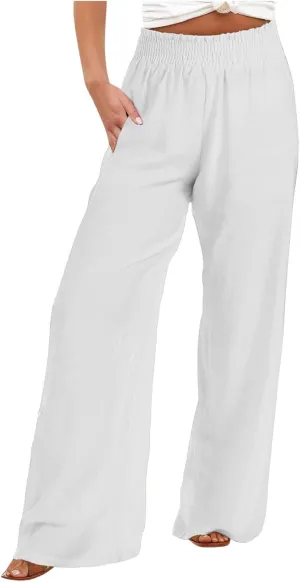 Womens Linen Palazzo Pants with Pockets Wide Leg Summer Bottoms Boho Pants Loose Fit Casual Trousers Lounge