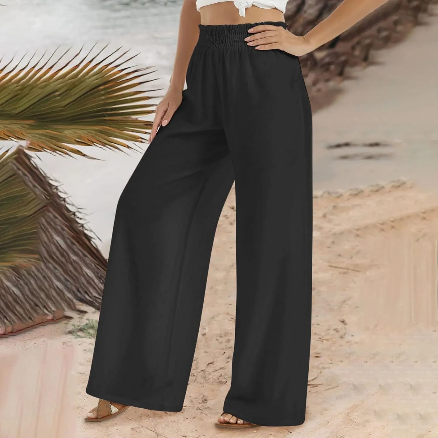 Womens Linen Palazzo Pants with Pockets Wide Leg Summer Bottoms Boho Pants Loose Fit Casual Trousers Lounge