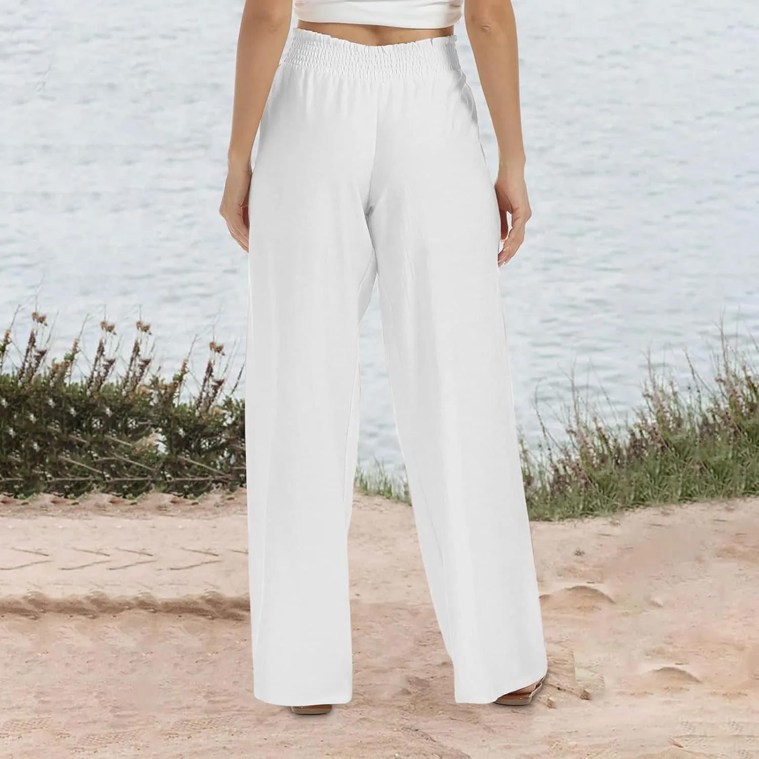 Womens Linen Palazzo Pants with Pockets Wide Leg Summer Bottoms Boho Pants Loose Fit Casual Trousers Lounge