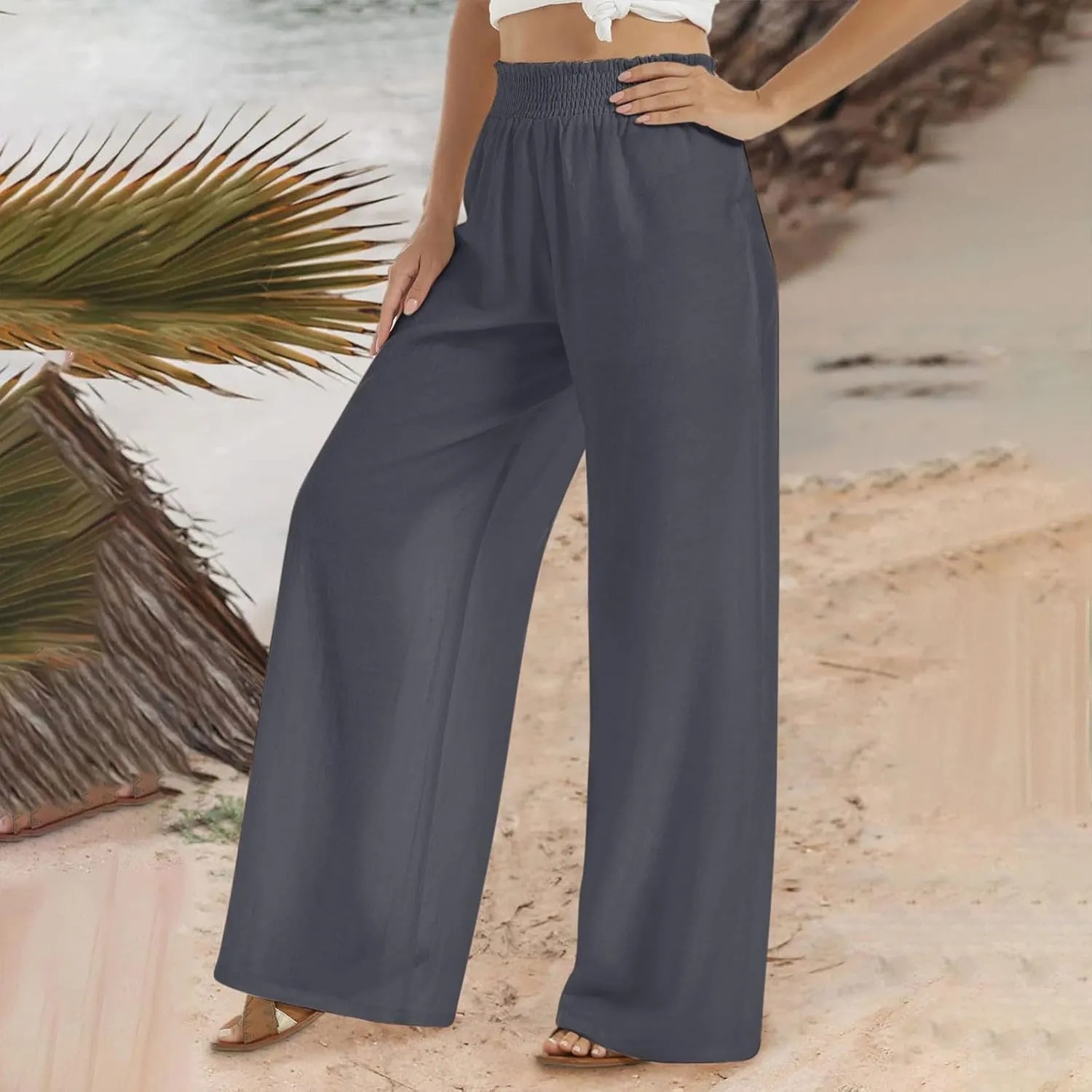 Womens Linen Palazzo Pants with Pockets Wide Leg Summer Bottoms Boho Pants Loose Fit Casual Trousers Lounge