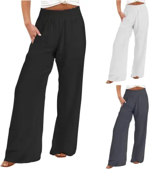 Womens Linen Palazzo Pants with Pockets Wide Leg Summer Bottoms Boho Pants Loose Fit Casual Trousers Lounge