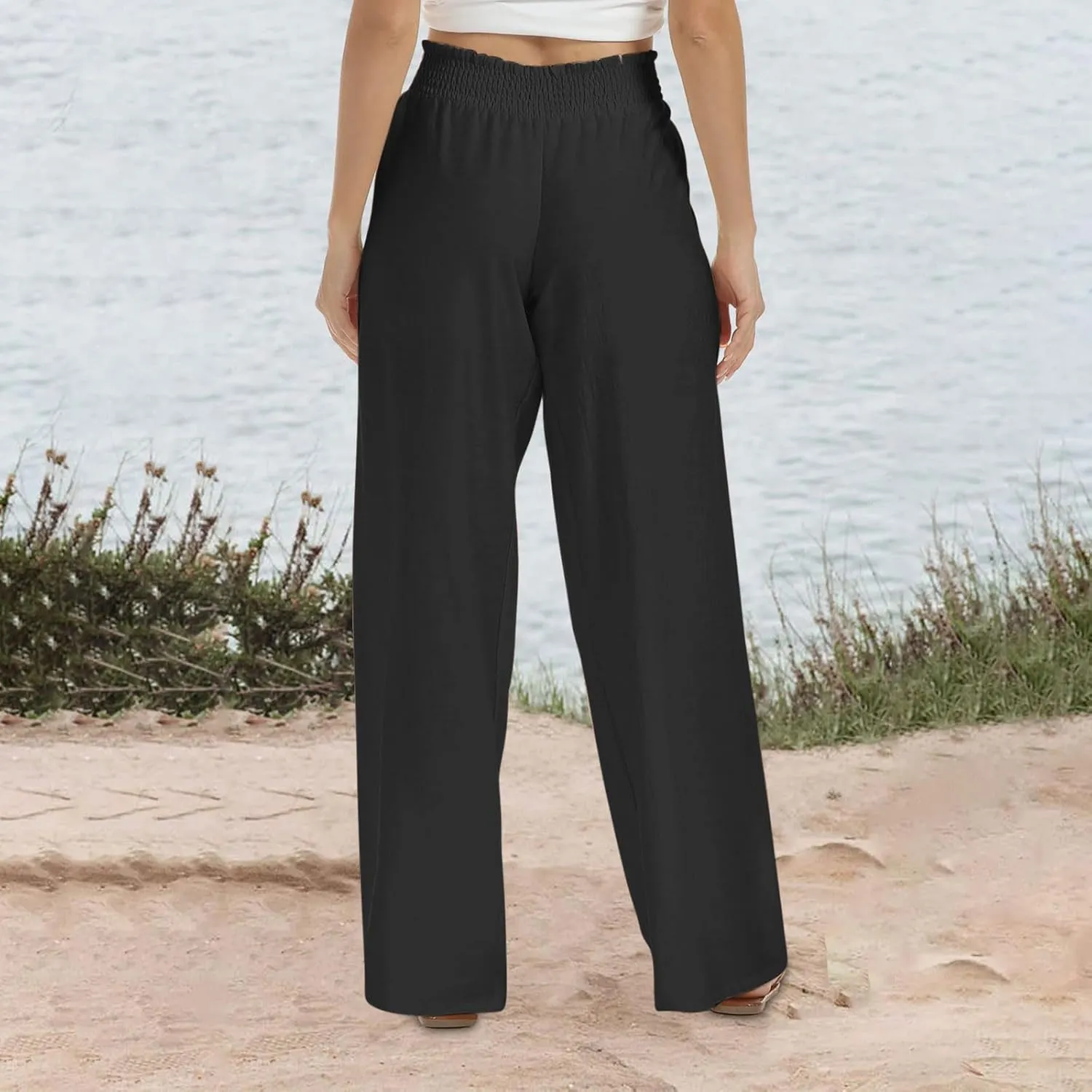 Womens Linen Palazzo Pants with Pockets Wide Leg Summer Bottoms Boho Pants Loose Fit Casual Trousers Lounge
