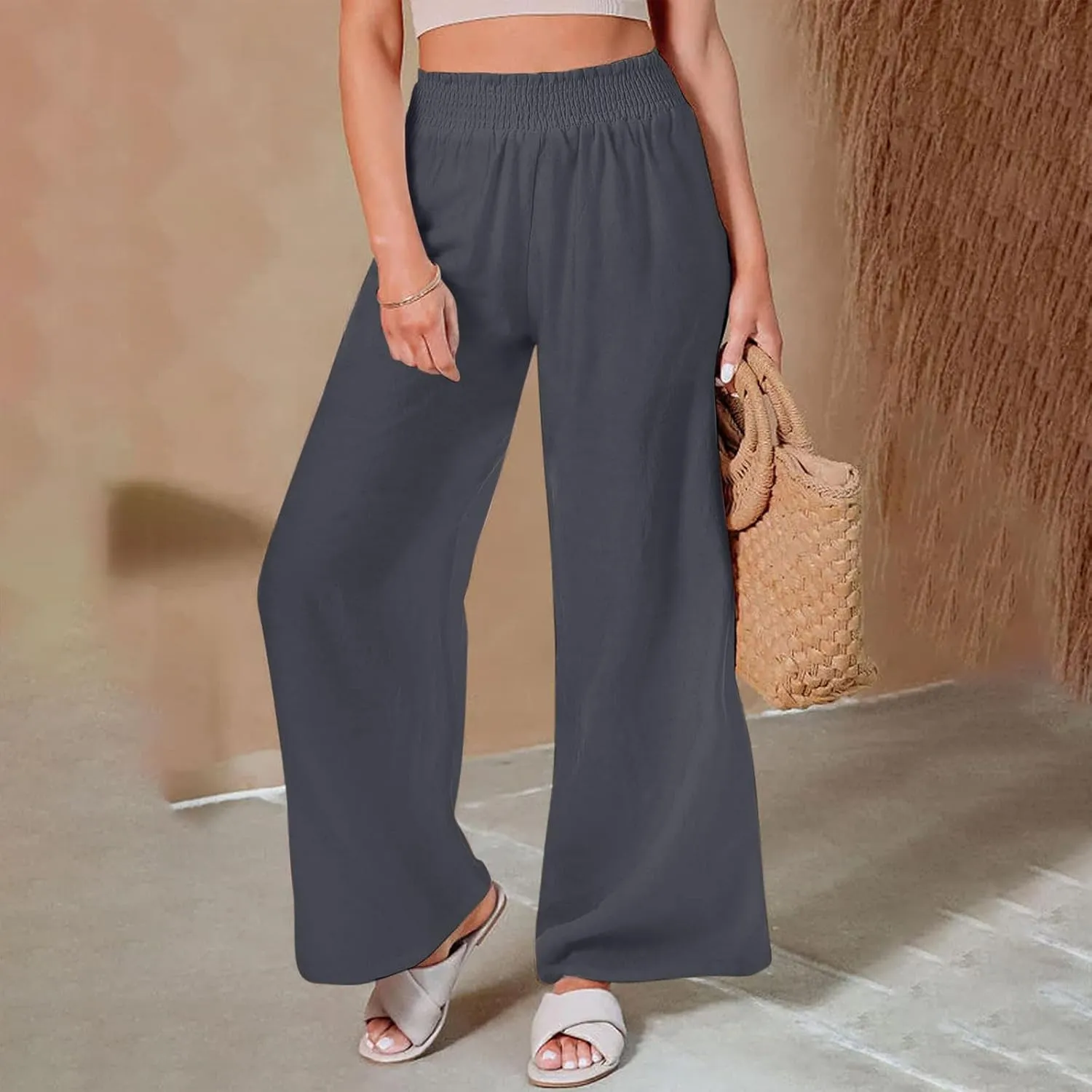 Womens Linen Palazzo Pants with Pockets Wide Leg Summer Bottoms Boho Pants Loose Fit Casual Trousers Lounge