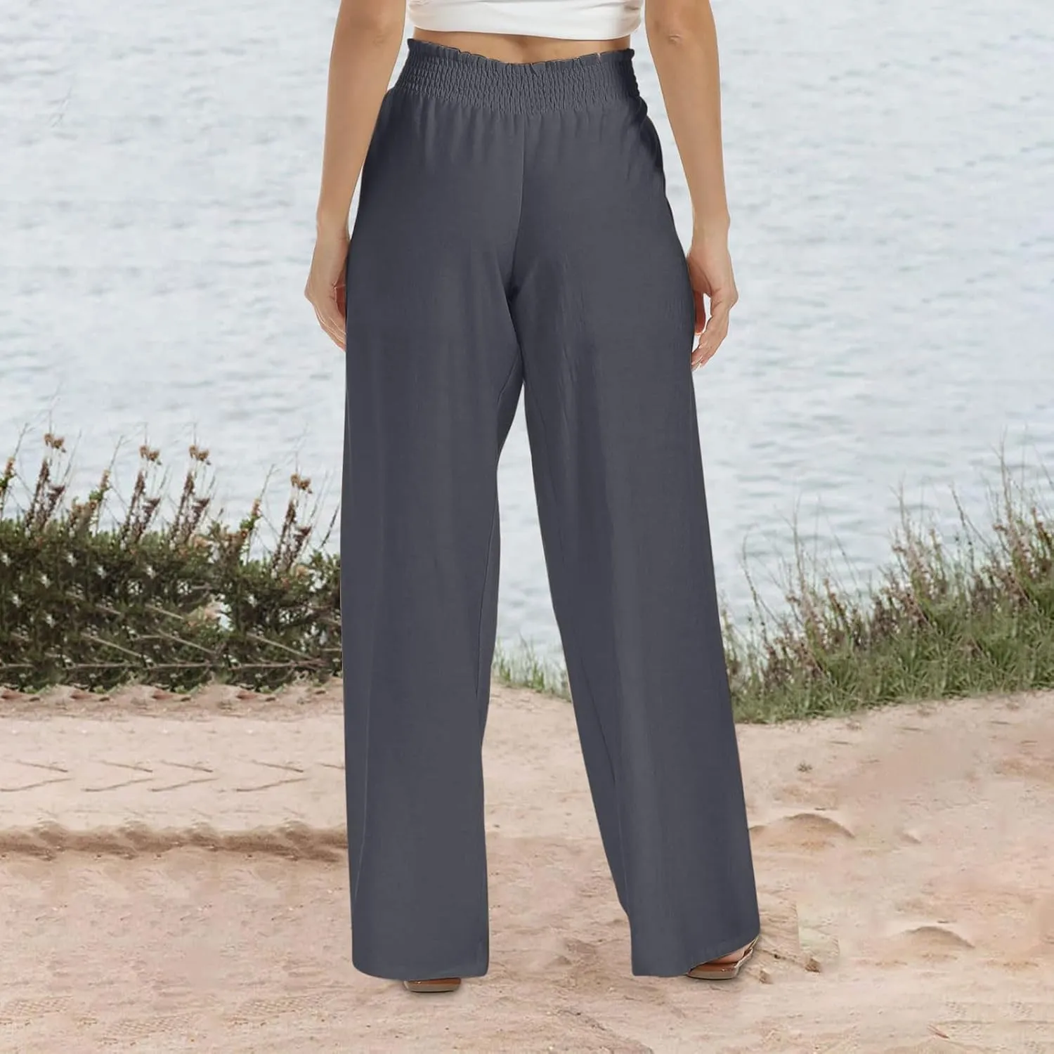 Womens Linen Palazzo Pants with Pockets Wide Leg Summer Bottoms Boho Pants Loose Fit Casual Trousers Lounge
