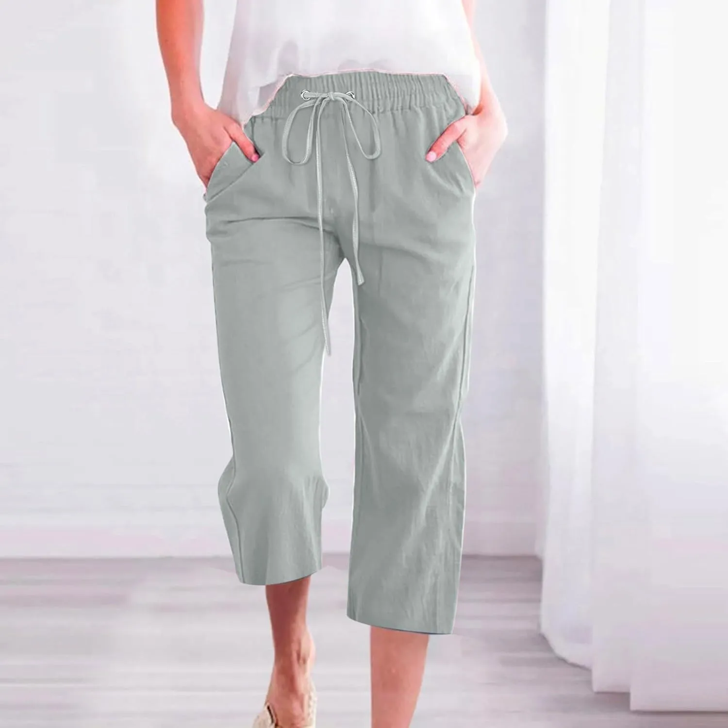 Women's Linen Pants Drawstring Elastic High Waist Capri Pants Summer Casual Wide Leg Plus Size Trousers with Pocket
