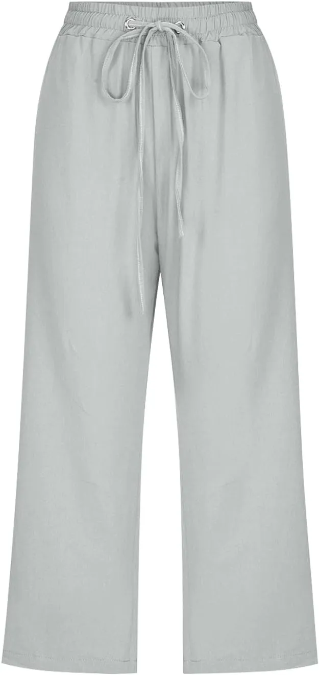 Women's Linen Pants Drawstring Elastic High Waist Capri Pants Summer Casual Wide Leg Plus Size Trousers with Pocket