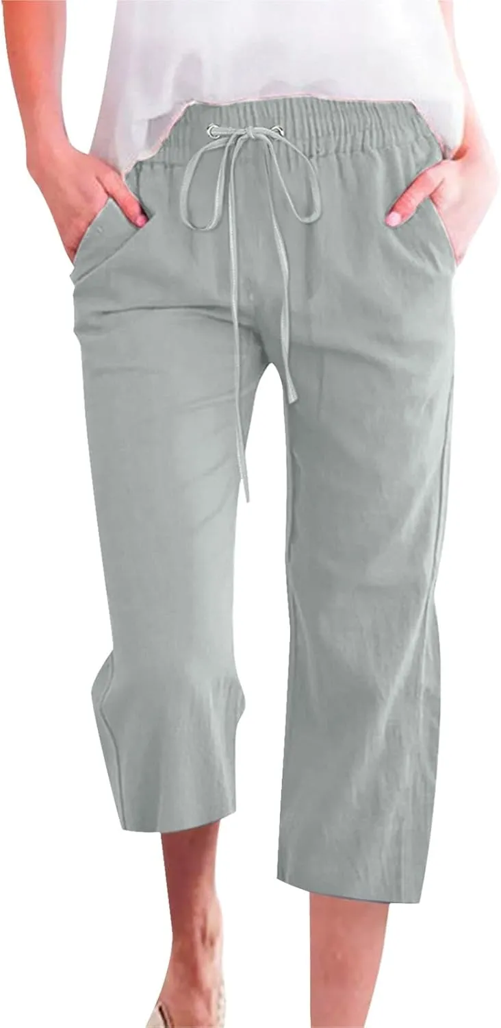Women's Linen Pants Drawstring Elastic High Waist Capri Pants Summer Casual Wide Leg Plus Size Trousers with Pocket