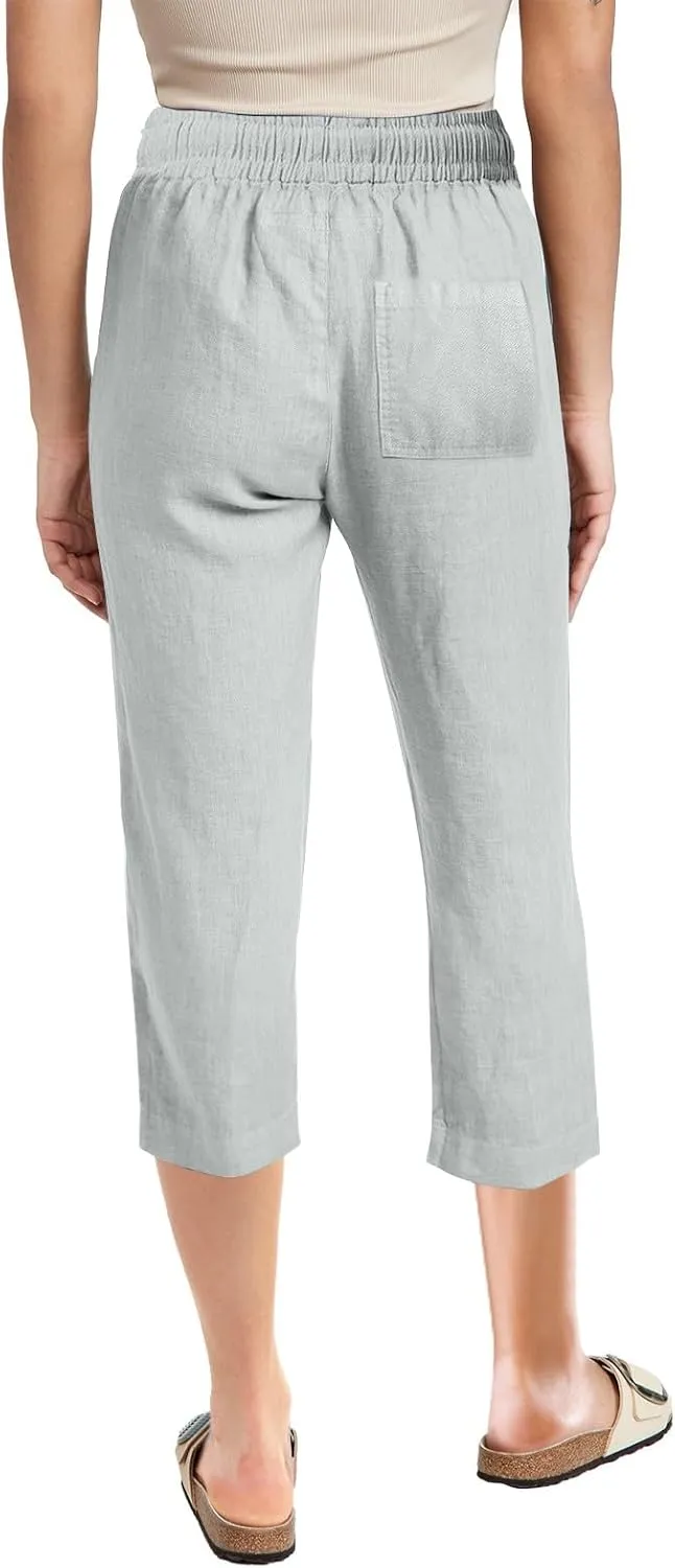 Women's Linen Pants Drawstring Elastic High Waist Capri Pants Summer Casual Wide Leg Plus Size Trousers with Pocket