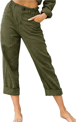 Womens Linen Pants Elastic High Waist Capri Pants 2024 Casual Summer Pants Straight Leg Cropped Trousers with Pocket