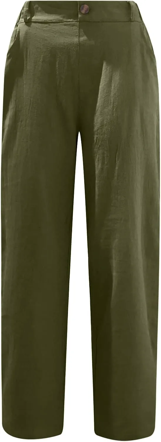 Womens Linen Pants Elastic High Waist Capri Pants 2024 Casual Summer Pants Straight Leg Cropped Trousers with Pocket