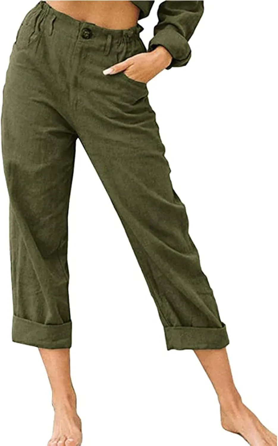 Womens Linen Pants Elastic High Waist Capri Pants 2024 Casual Summer Pants Straight Leg Cropped Trousers with Pocket