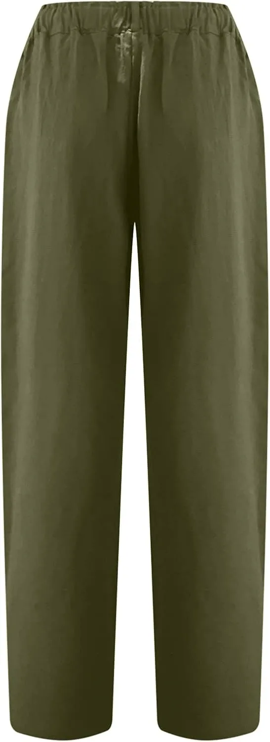 Womens Linen Pants Elastic High Waist Capri Pants 2024 Casual Summer Pants Straight Leg Cropped Trousers with Pocket