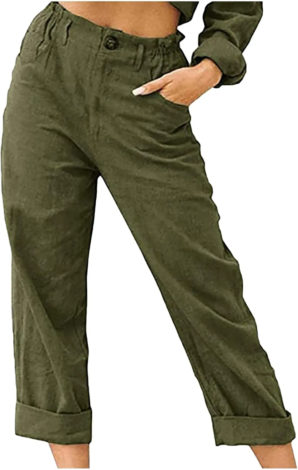 Womens Linen Pants Elastic High Waist Capri Pants 2024 Casual Summer Pants Straight Leg Cropped Trousers with Pocket