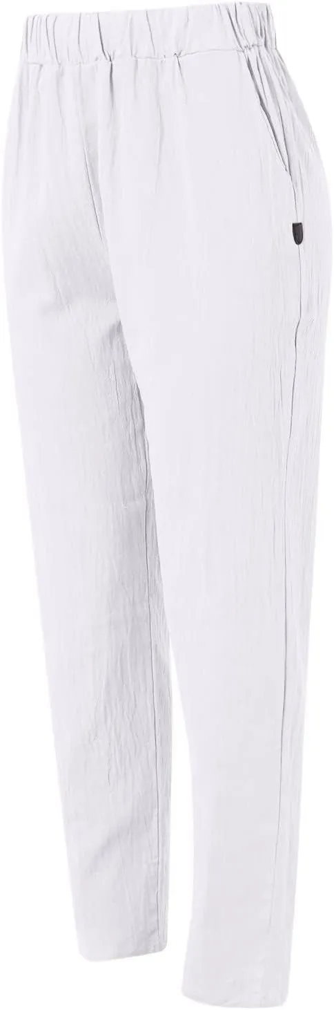 Womens Linen Pants Lightweight Straight Leg Pants Casual Elastic Waist Sweatpants Summer Beach Trousers with Pockets