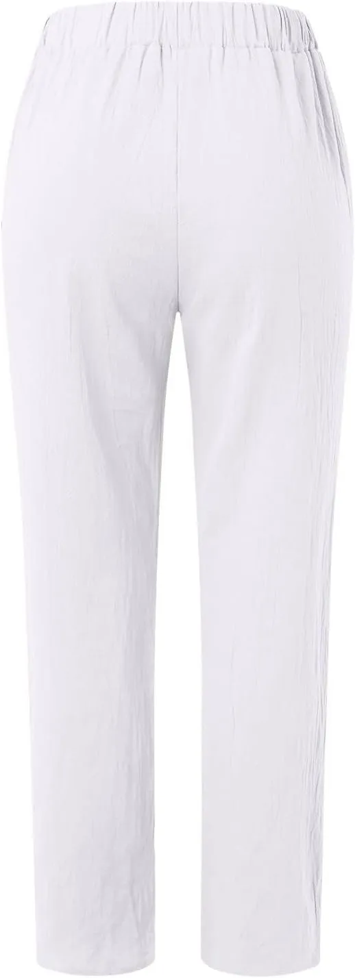 Womens Linen Pants Lightweight Straight Leg Pants Casual Elastic Waist Sweatpants Summer Beach Trousers with Pockets