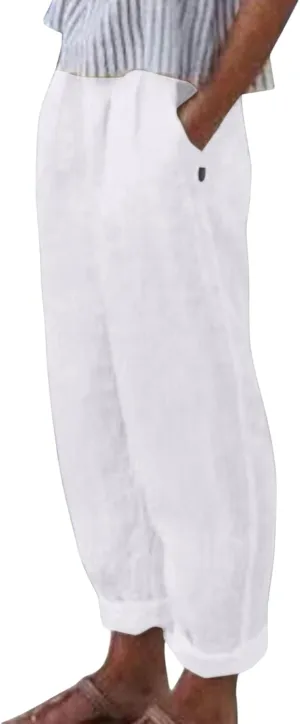 Womens Linen Pants Lightweight Straight Leg Pants Casual Elastic Waist Sweatpants Summer Beach Trousers with Pockets