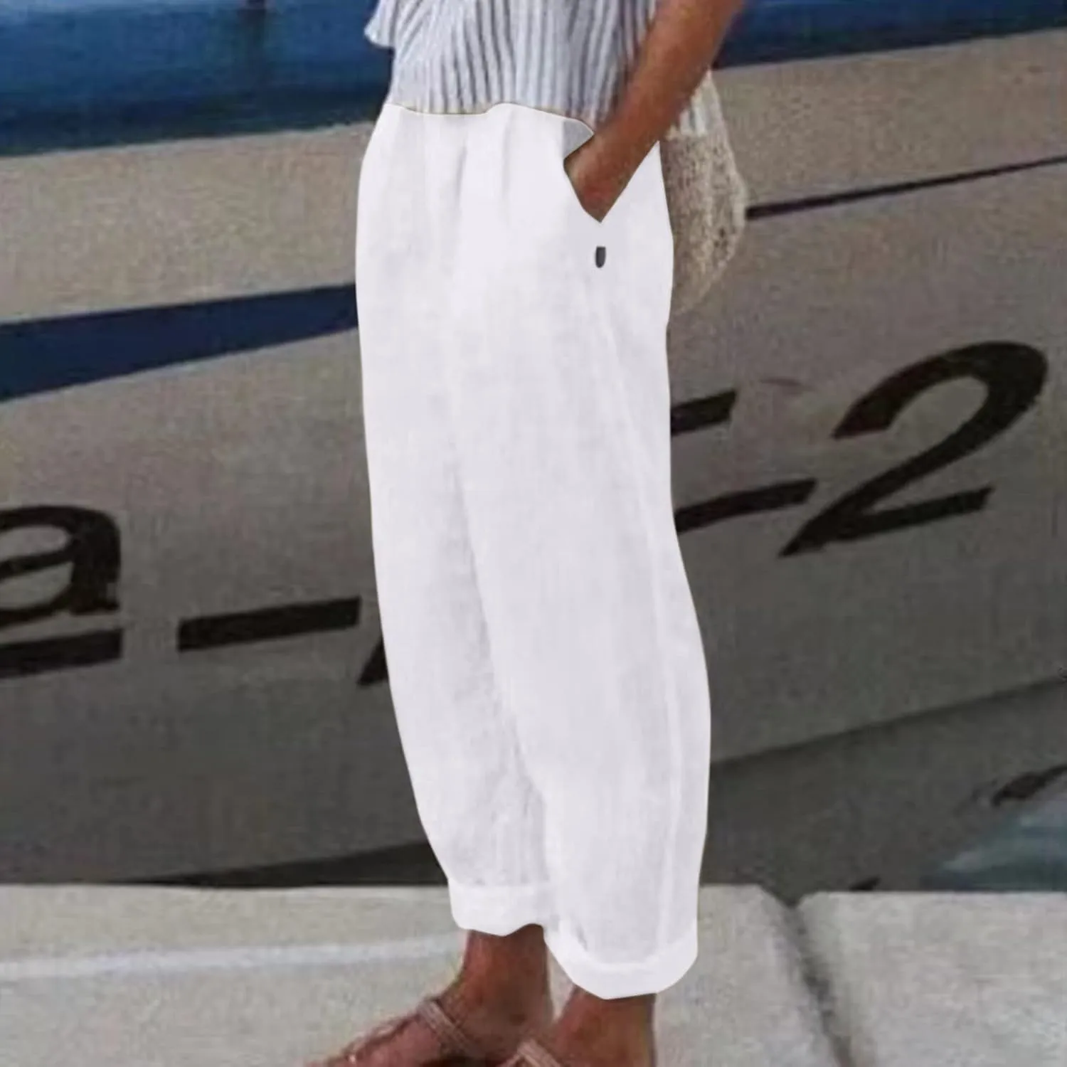 Womens Linen Pants Lightweight Straight Leg Pants Casual Elastic Waist Sweatpants Summer Beach Trousers with Pockets