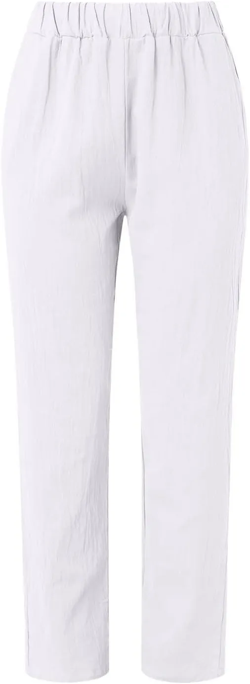Womens Linen Pants Lightweight Straight Leg Pants Casual Elastic Waist Sweatpants Summer Beach Trousers with Pockets