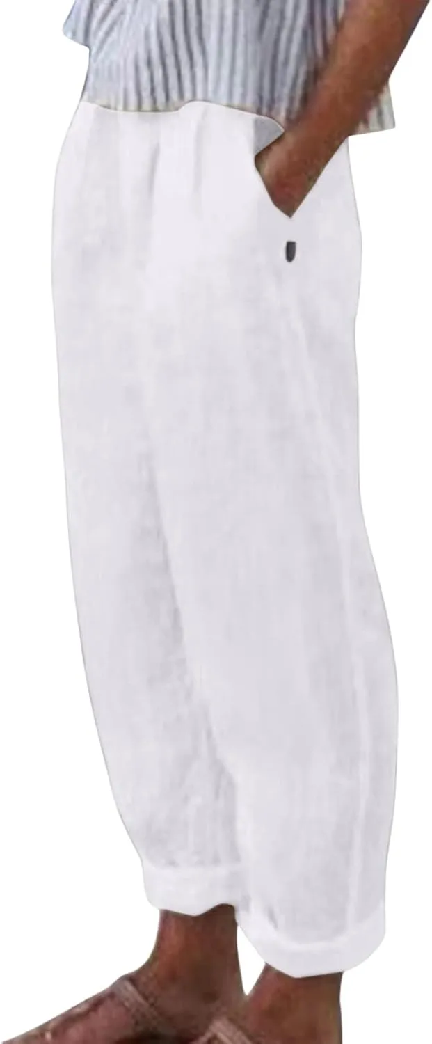 Womens Linen Pants Lightweight Straight Leg Pants Casual Elastic Waist Sweatpants Summer Beach Trousers with Pockets