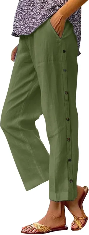 Women's Linen Pants Solid Elastic Pants Long Drawstring Linen Women Waist Cotton Casual Business Work Casual