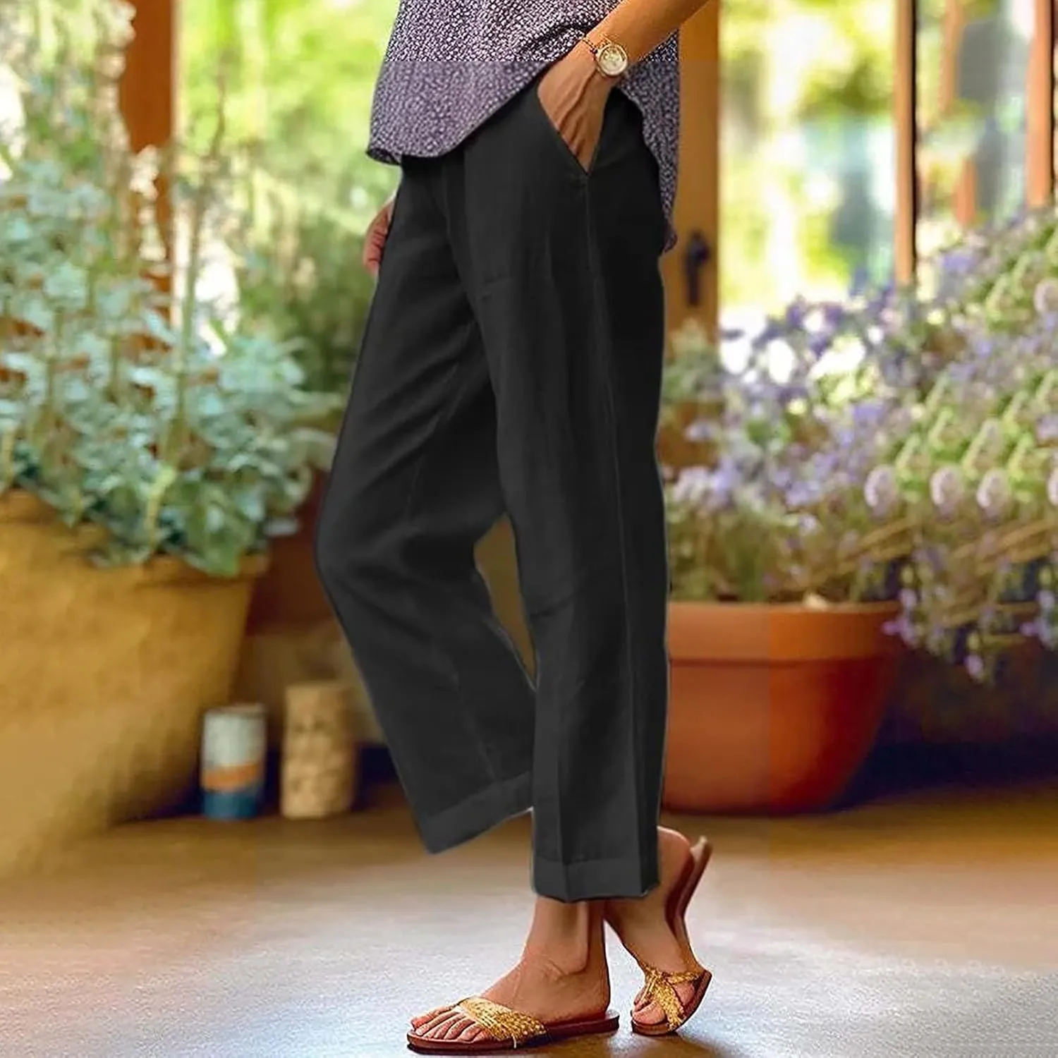 Women's Linen Pants Solid Elastic Pants Long Drawstring Linen Women Waist Cotton Casual Business Work Casual