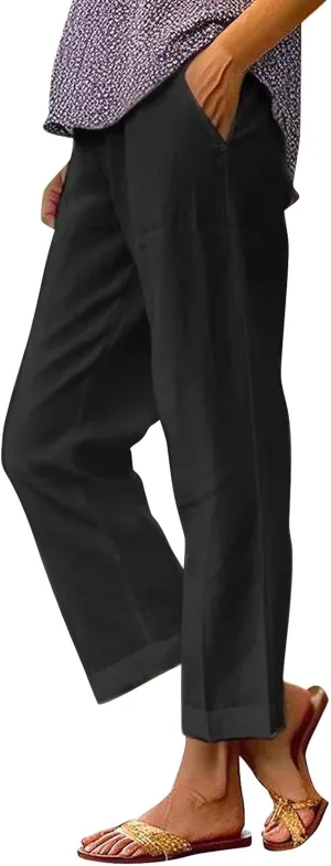 Women's Linen Pants Solid Elastic Pants Long Drawstring Linen Women Waist Cotton Casual Business Work Casual