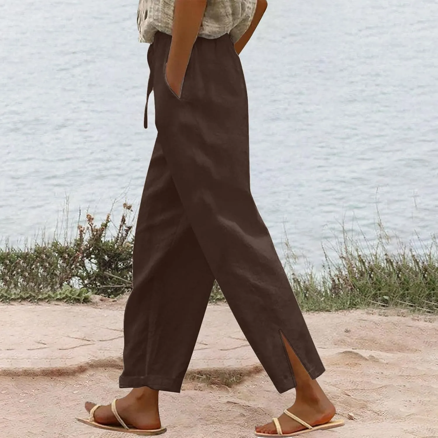 Womens Linen Pants Summer 2025 High Waist Casual Beach Capri Side Split Drawstring Lightweight Lounge Trousers