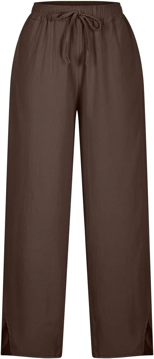 Womens Linen Pants Summer 2025 High Waist Casual Beach Capri Side Split Drawstring Lightweight Lounge Trousers