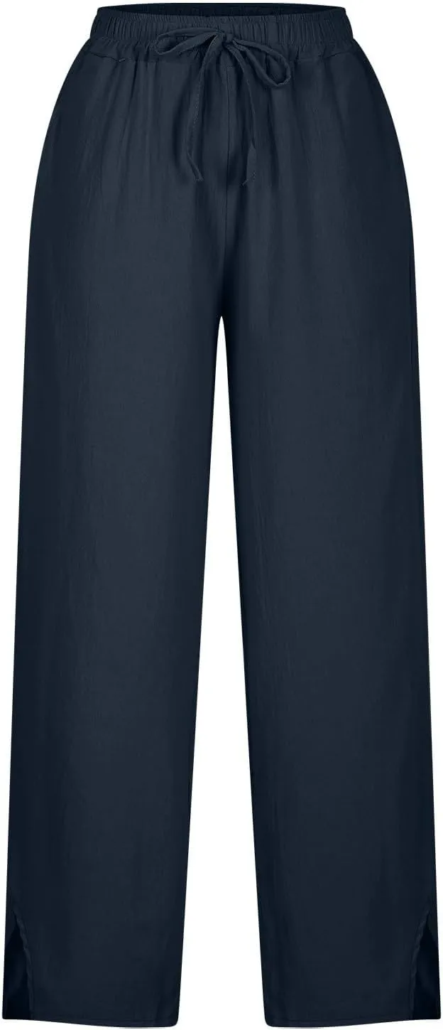 Womens Linen Pants Summer 2025 High Waist Casual Beach Capri Side Split Drawstring Lightweight Lounge Trousers