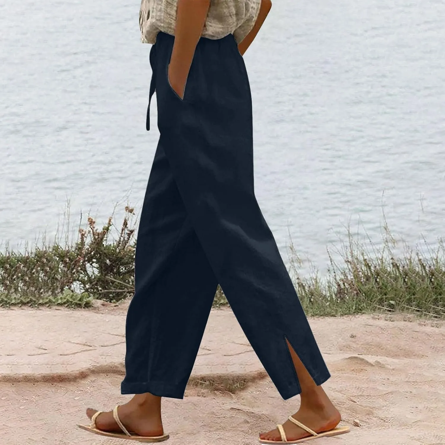 Womens Linen Pants Summer 2025 High Waist Casual Beach Capri Side Split Drawstring Lightweight Lounge Trousers