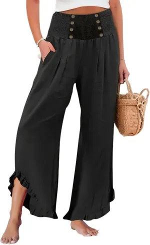 Womens Linen Pants Summer Casual Loose High Waisted Pleated Irregular Wide Leg Trousers for Casual Travel