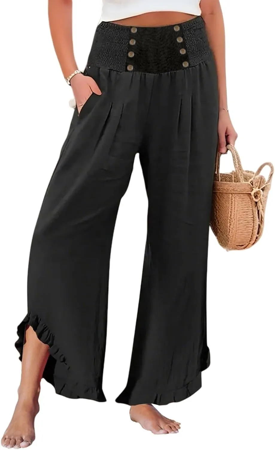 Womens Linen Pants Summer Casual Loose High Waisted Pleated Irregular Wide Leg Trousers for Casual Travel
