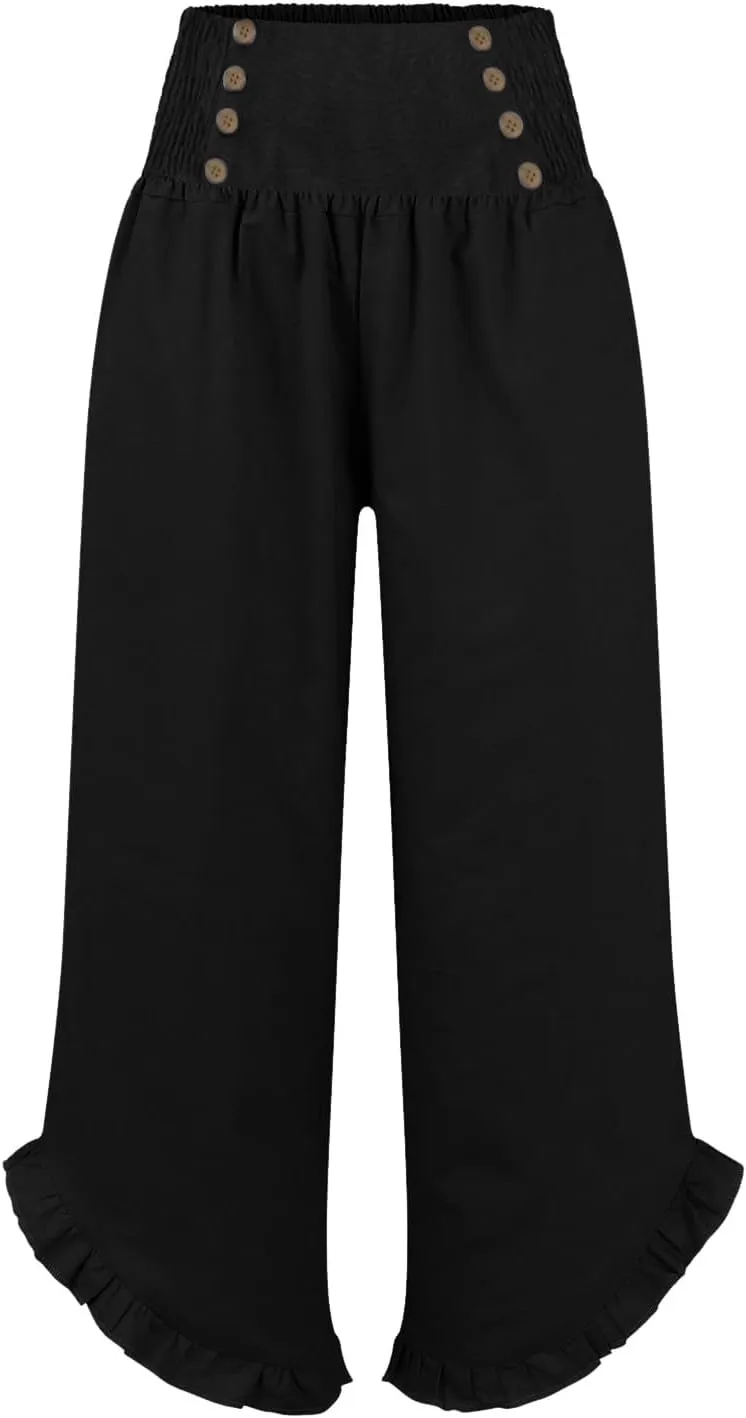 Womens Linen Pants Summer Casual Loose High Waisted Pleated Irregular Wide Leg Trousers for Casual Travel